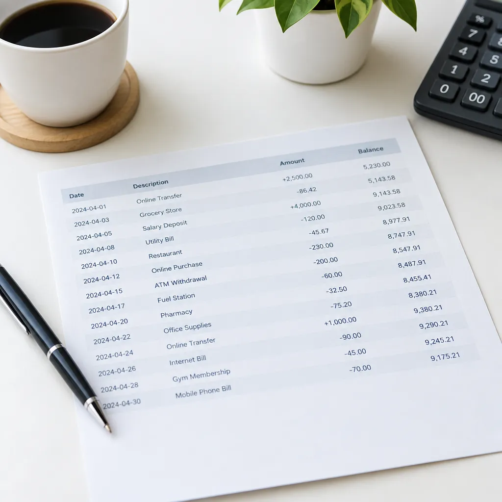 Match each transaction to its date for bank statement example